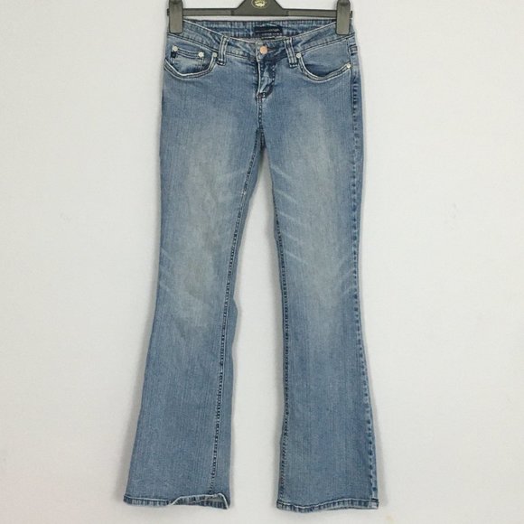 refuge Denim - Refuge Womens Juniors 3 Embroidered Beaded Boot Medium Wash Cotton Blend Jeans